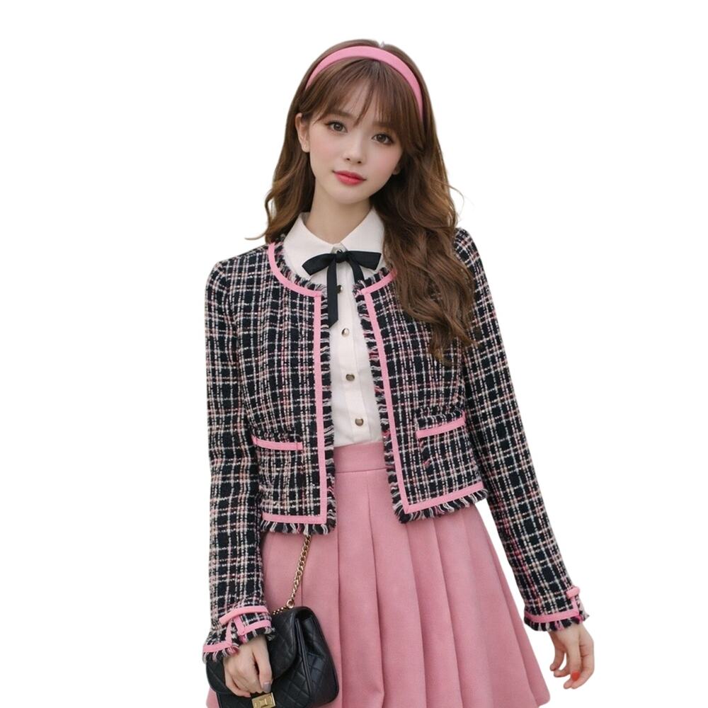 Sweet Lily Tweed Cropped Blazer Pink Trim Frayed Preppy Sz 8
